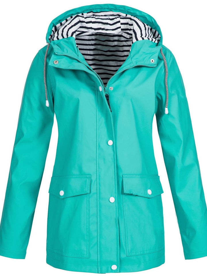 Damen-Trenchcoat 2023, türkis, Kapuze, lange Ärmel, gestreiftes Innenfutter, Plus-Size.