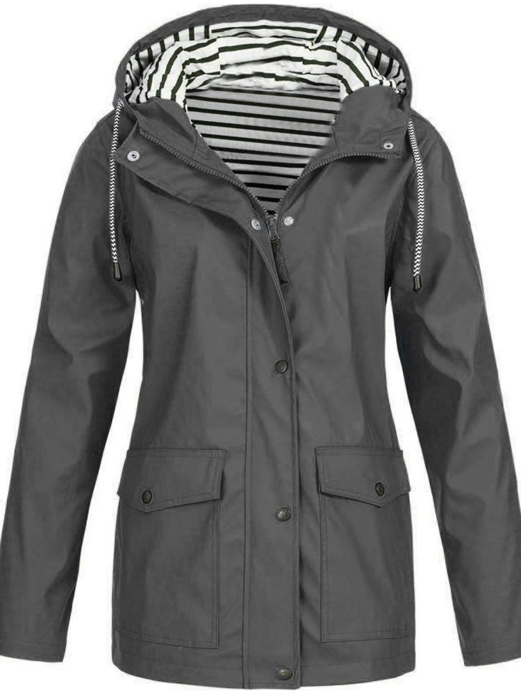 Damen-Trenchcoat 2023, grau, Kapuze, lange Ärmel, gestreiftes Innenfutter, Plus-Size.