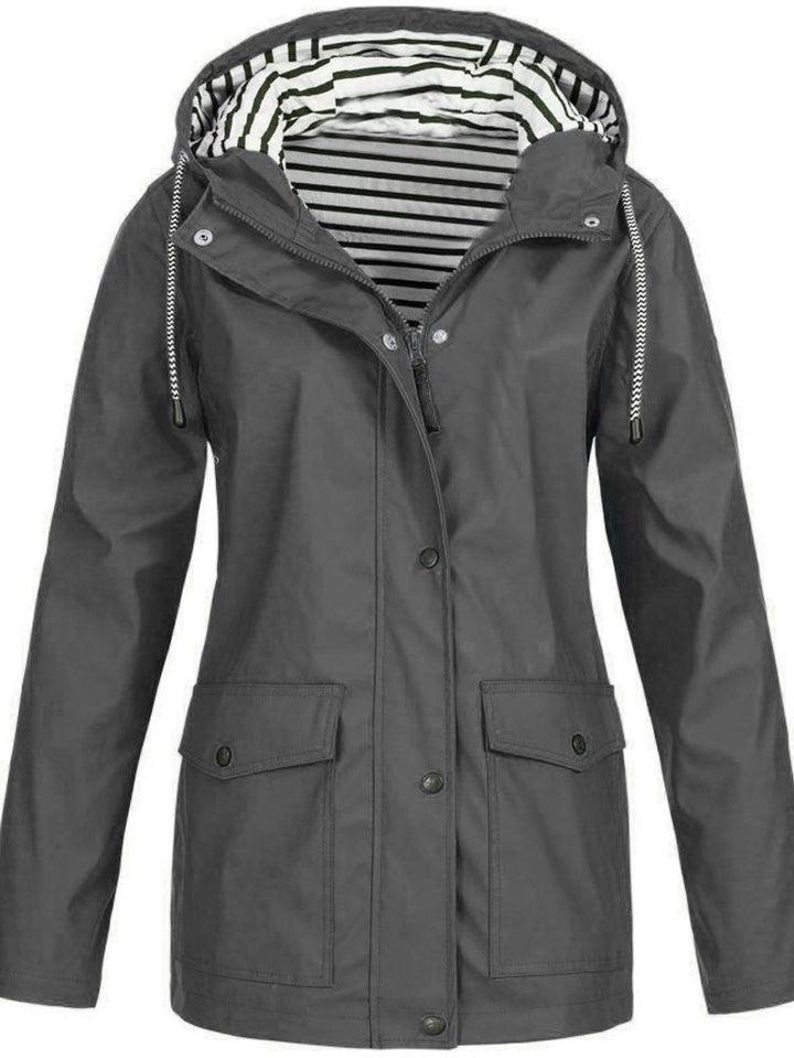 Damen-Trenchcoat 2023, grau, Kapuze, lange Ärmel, gestreiftes Innenfutter, Plus-Size.