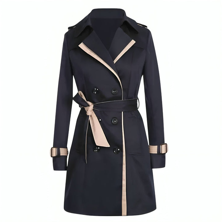 Damen Trenchcoat schwarz, zweireihig, Gürtel, Kontrastdetails, eleganter Mantel, Herbstmode.