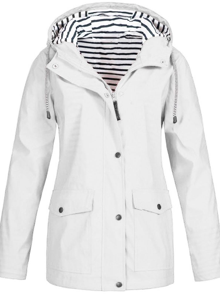 Weiße Damen-Trenchcoat mit Kapuze, gestreiftem Innenfutter, langärmelig, Herbstmode 2023.