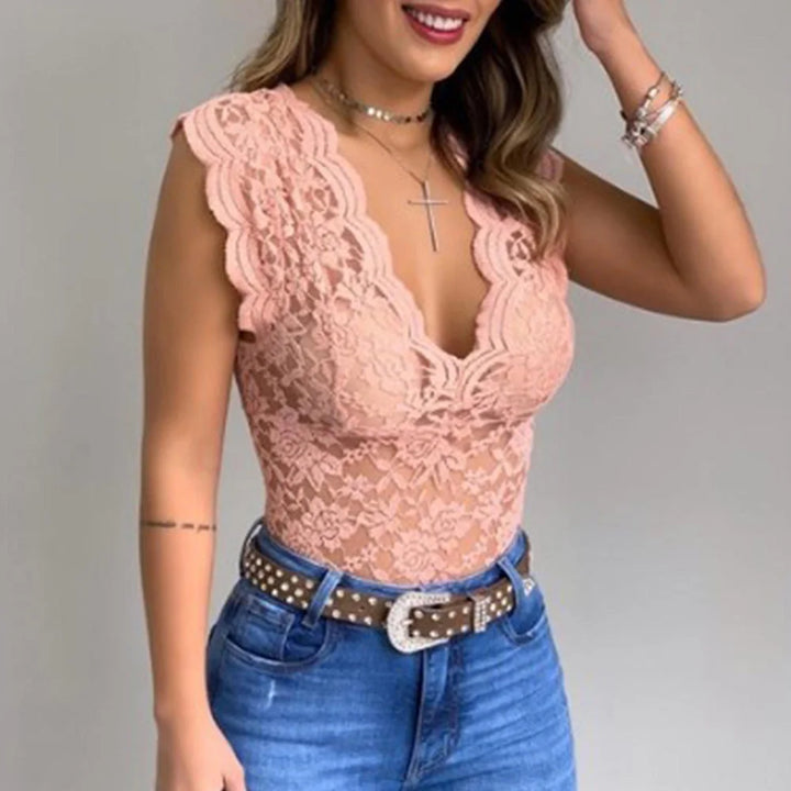 Damen V-Ausschnitt Spitze Top, rosa, ärmellos, figurbetont, lässig, modisch.