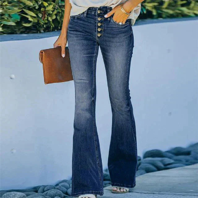 Damen Vintage Schlagjeans, hohe Taille, blau, elastisch, mit Knöpfen und Taschen.