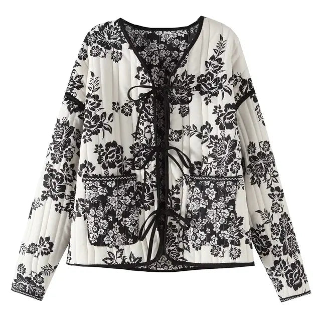 Schwarz-weiße Damenjacke mit Blumenmuster, Baumwolle, Patchwork, O-Neck, Herbstmode.