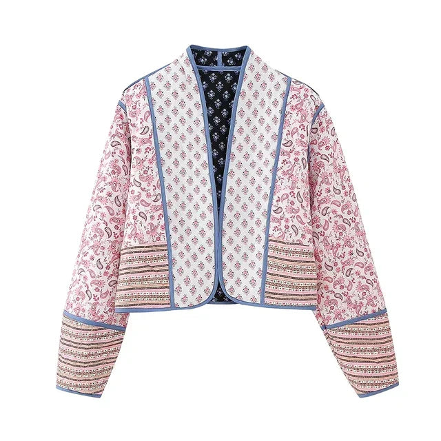 Vintage Damenjacke, Patchwork, Baumwolle, O-Neck, langärmelig, Herbstmode, rosa-blau.