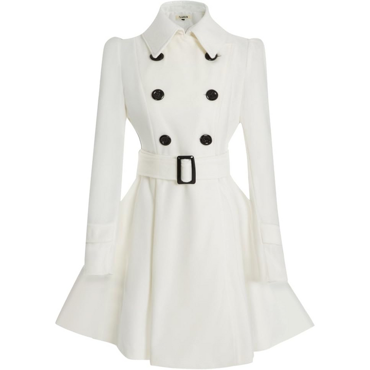 Weißer Damen-Trenchcoat, doppelte Knopfleiste, Gürtel, elegantes Design, Herbstmode.