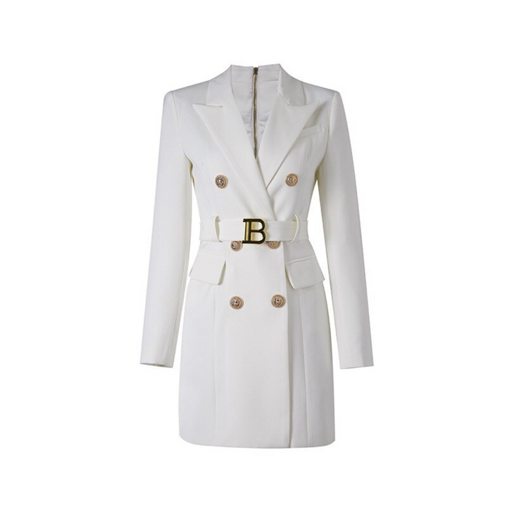 Weißer Damenblazer mit Gürtel, doppelreihig, elegantes Design, modische Damenbekleidung