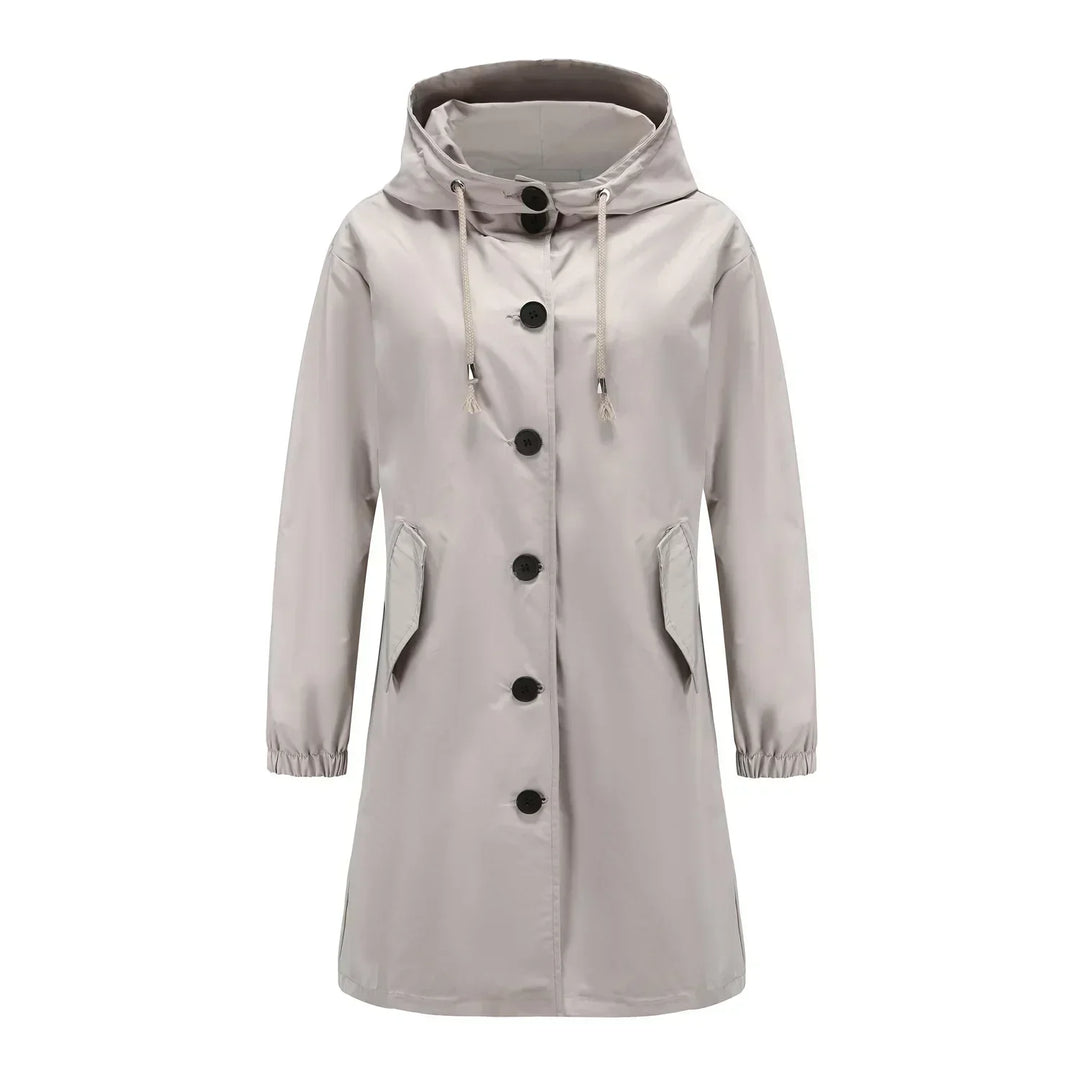 Damen Regenmantel beige, Kapuze, Knöpfe, wasserdicht, Outdoor-Bekleidung, modisch.