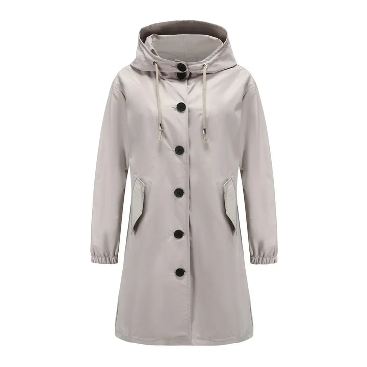 Damen Regenmantel beige, Kapuze, Knöpfe, wasserdicht, Outdoor-Bekleidung, modisch.