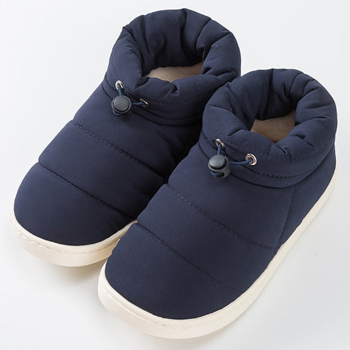 Dunkelblaue Winter-Hausschuhe, warm gefüttert, rutschfeste Sohle, Unisex-Design.
