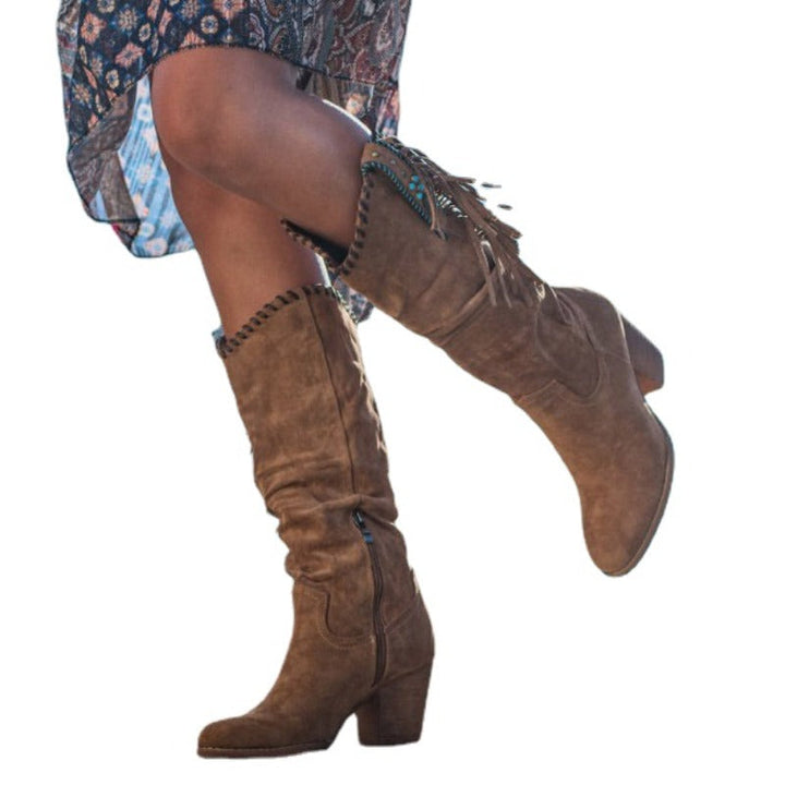 Damen Winterstiefel braun, Retro, Metall-Schnalle, spitze Zehen, dicker Absatz, Cowboy-Stil.
