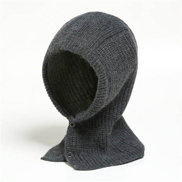 Dunkelgraue gestrickte Kapuze aus Baumwolle, unisex, warm, ideal für Winter, Outdoor-Aktivitäten.