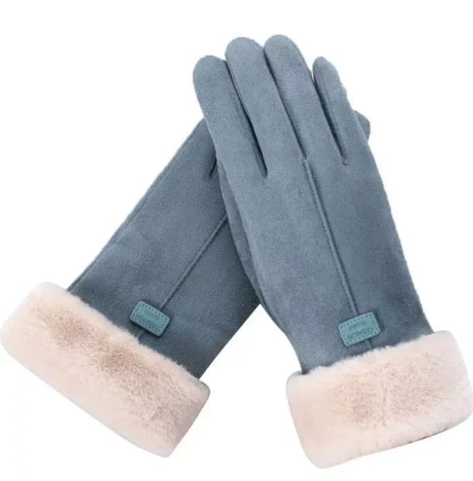 Blaue Damenhandschuhe aus Wildleder mit weißem Fellfutter, elegant und warm.