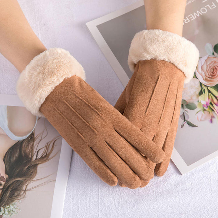 Damenhandschuhe aus braunem Wildleder mit Kunstfellfutter, elegant und warm.