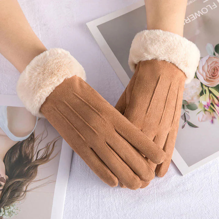Damenhandschuhe aus braunem Wildleder mit weißem Kunstfellfutter, elegant und warm.