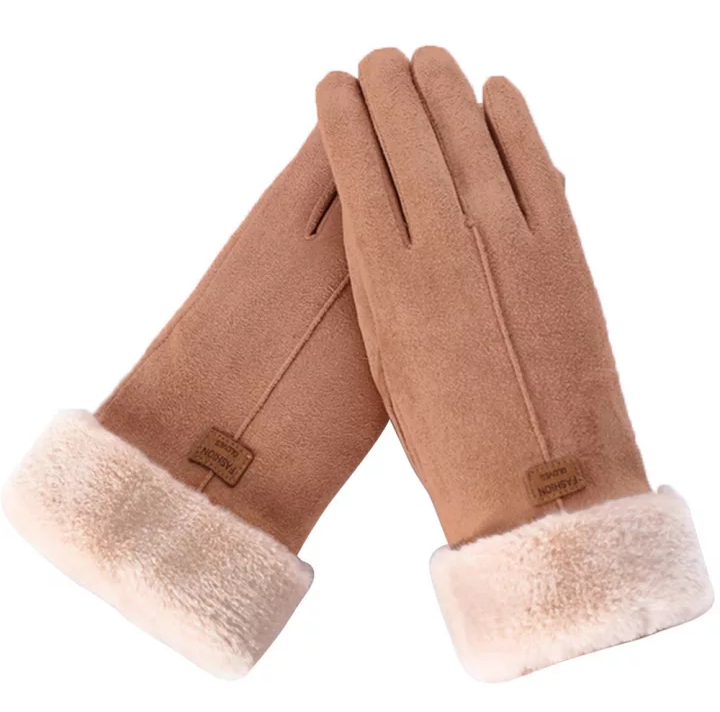 Braune Damenhandschuhe aus Wildleder mit Fellfutter, warm, elegant, Wintermode.