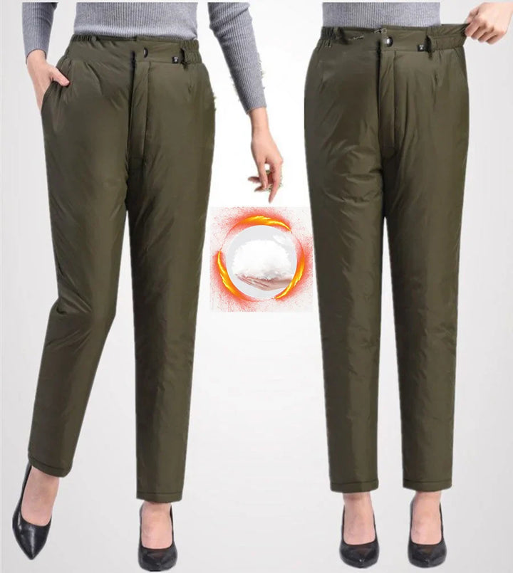 Damen Thermohose, olivgrün, warm, Winterbekleidung, isoliert, modisch, bequem, elegant.