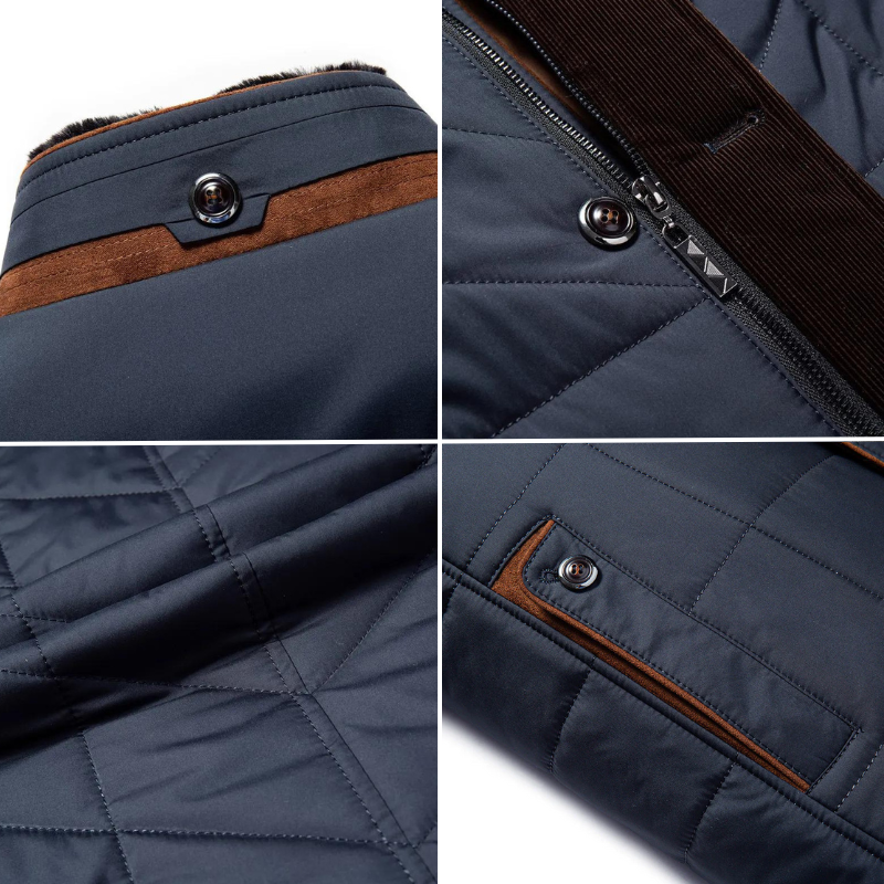 Dunkelblaue Steppjacke mit braunen Akzenten, Reißverschluss und Knopfdetails, Herrenmode.