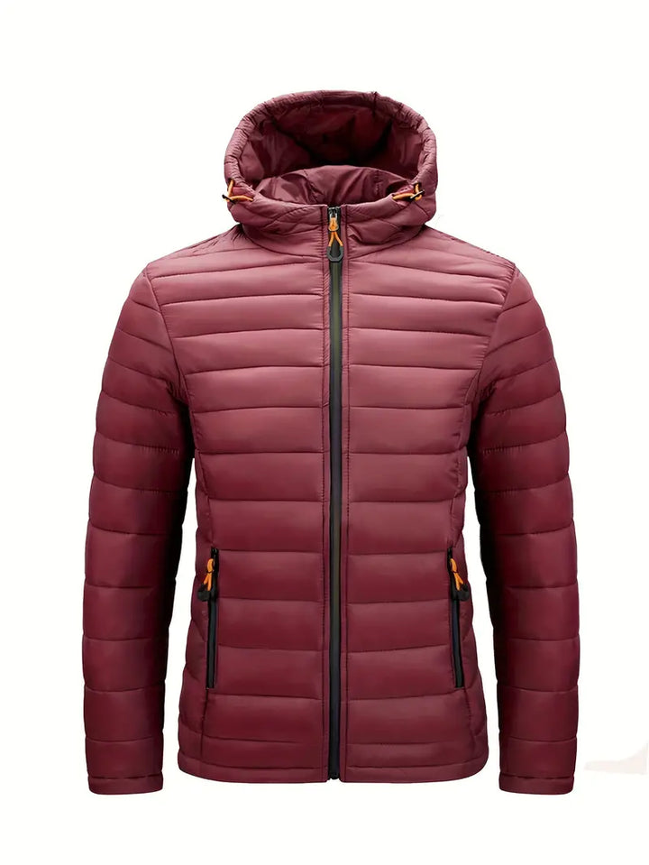 Bordeauxfarbene Steppjacke mit Kapuze, Reißverschluss und Taschen, Herrenmode, Winterjacke.