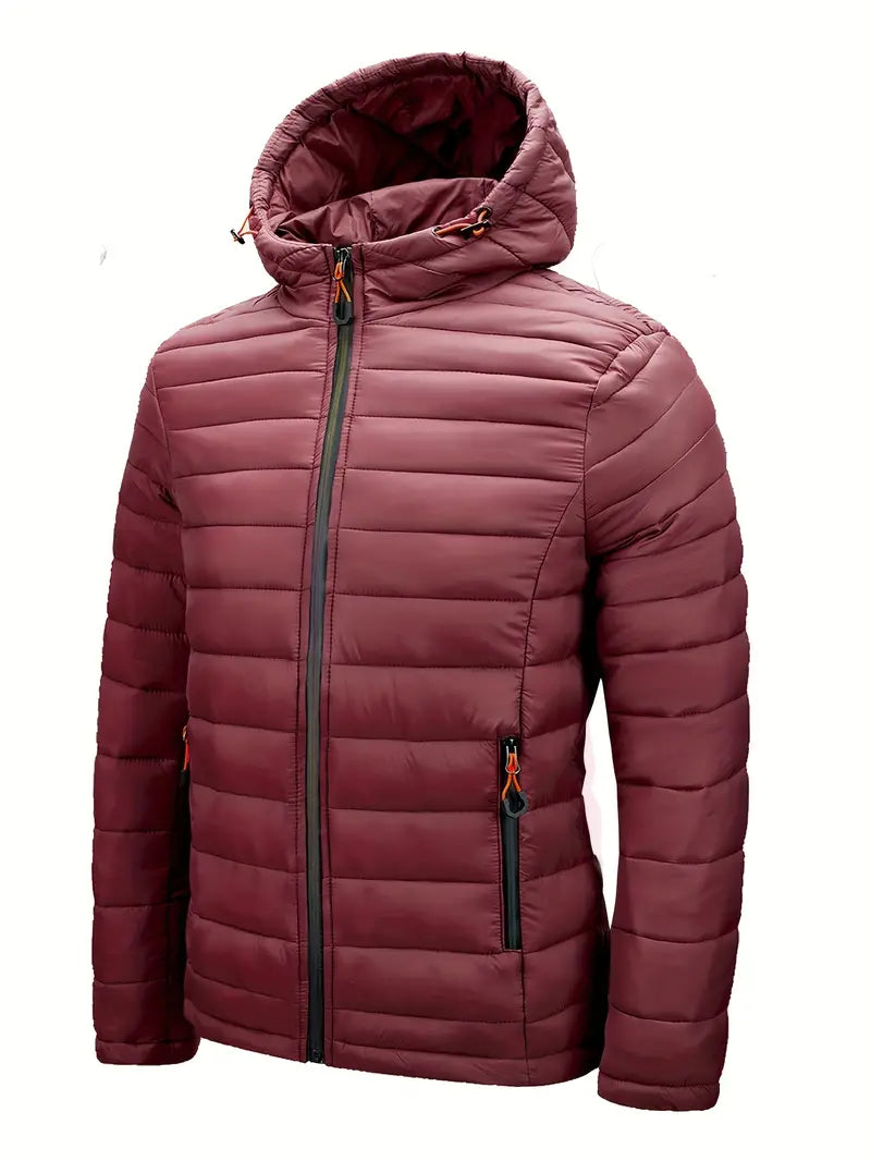 Bordeauxfarbene Steppjacke mit Kapuze, Reißverschluss, warm, Winterjacke für Herren.