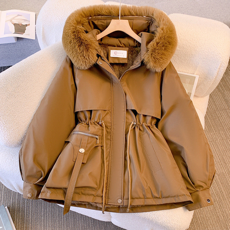 Braune Damen-Winterjacke mit Kapuze, Fellkragen, Baumwolle, Parka-Stil, 2023 Mode.