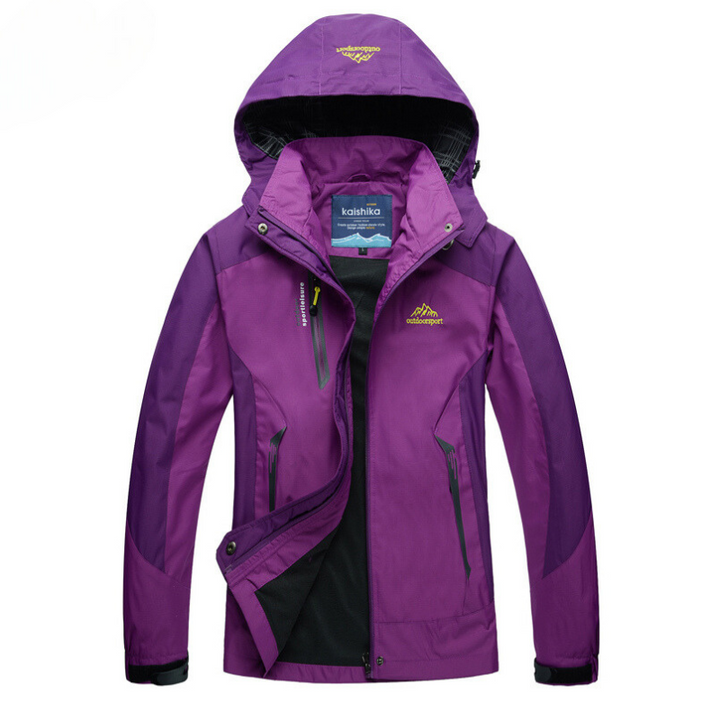 Lila Damen-Windjacke mit Kapuze, wasserdicht, Outdoor-Bekleidung, atmungsaktiv.