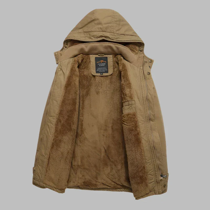 Beige Herren-Winterjacke mit Kapuze, Fleece-Innenfutter, warm, modisch, Outdoor-Bekleidung.