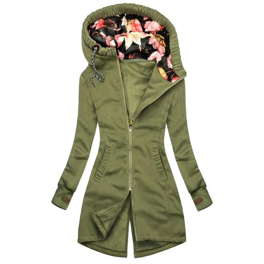 Damen-Winterjacke mit Kapuze, olivgrün, Blumenmuster innen, Reißverschluss, warm und stilvoll.