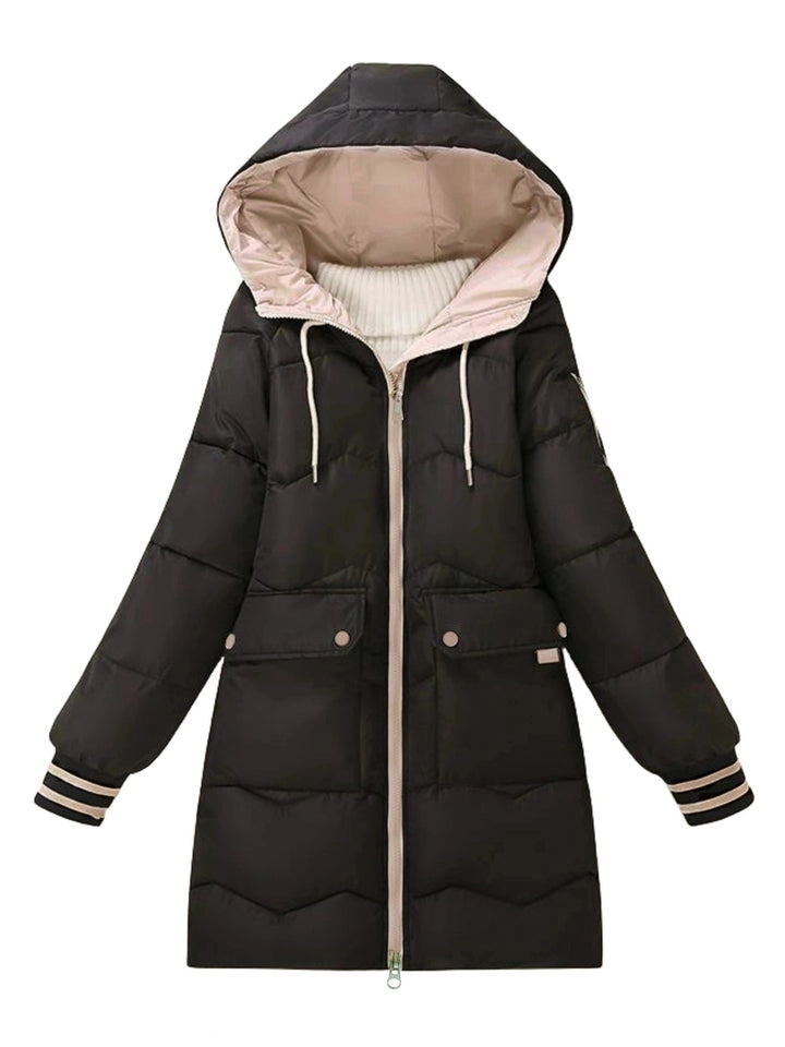 Schwarzer Damen-Wintermantel mit Kapuze, Reißverschluss, gesteppt, warm, modisch.