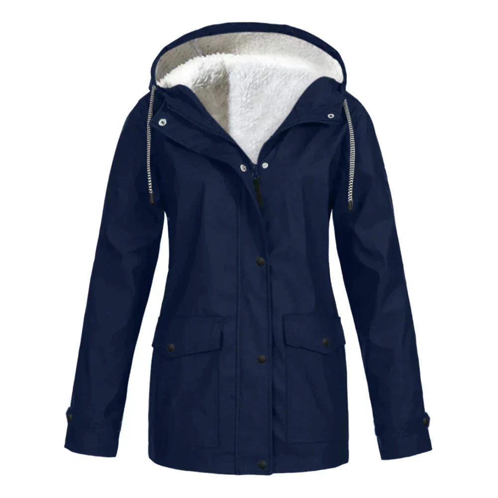 Dunkelblaue Damenjacke mit Kapuze, Fleece-Futter, wasserdicht, Wintermantel.