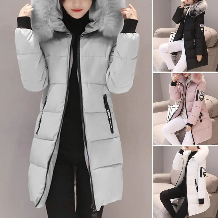 Damen Wintermantel mit Kapuze, Daunenjacke, grau, schwarz, rosa, warm, modisch, lang.
