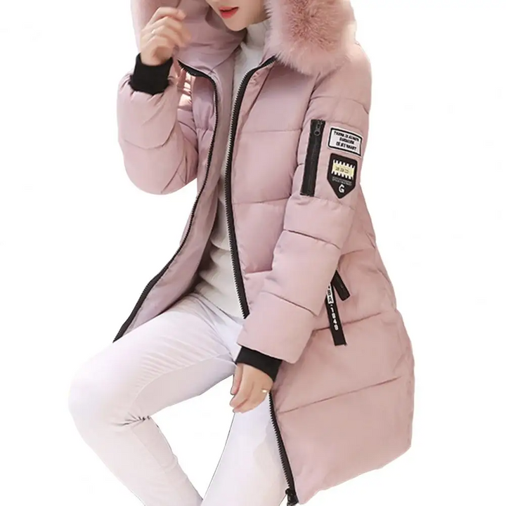 Damen Winterjacke rosa, Kapuze mit Kunstfell, Reißverschluss, warm, modisch, Outdoor-Bekleidung.