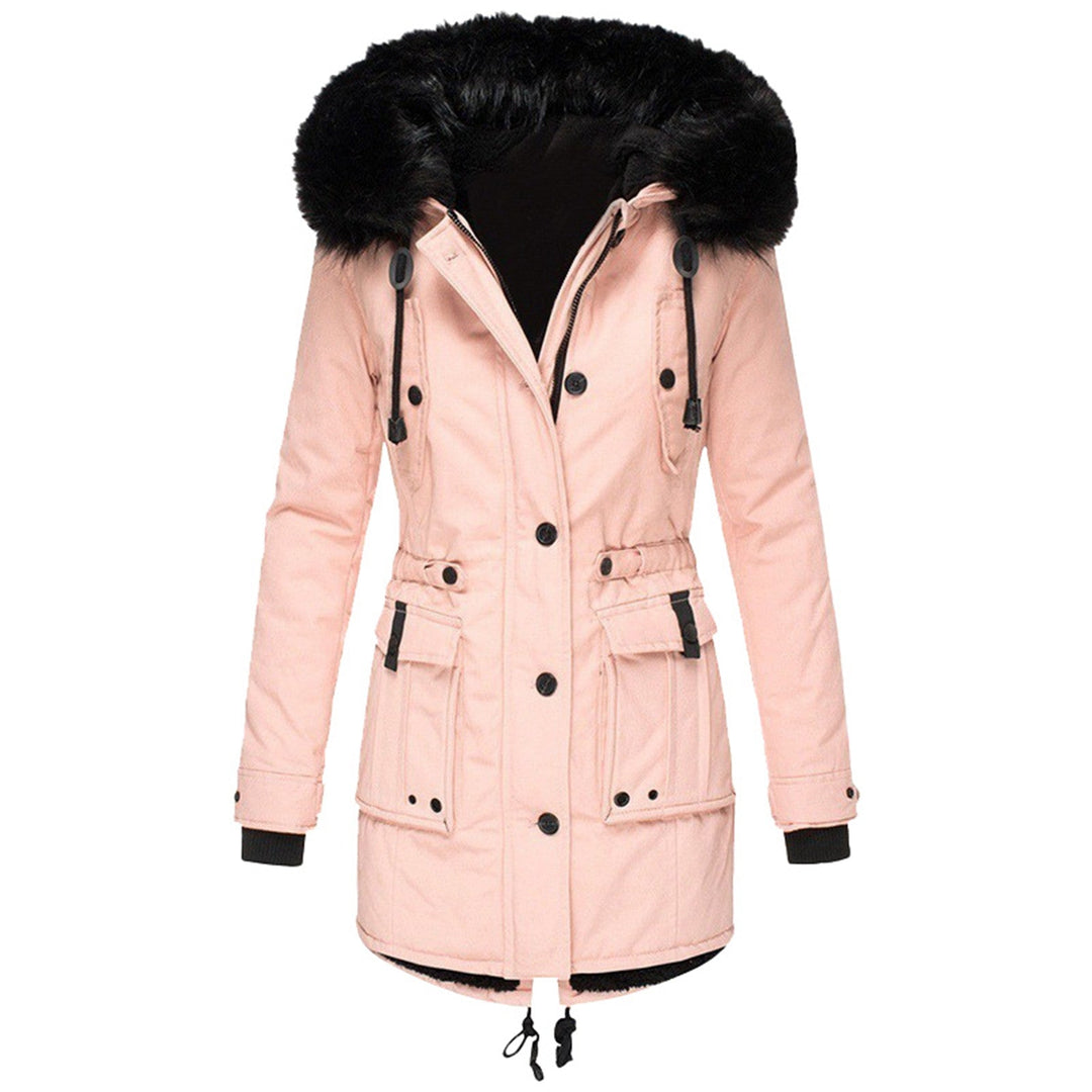 Damen Wintermantel rosa mit Kapuze, Kunstfellbesatz, warm, modisch, Outdoor-Bekleidung.