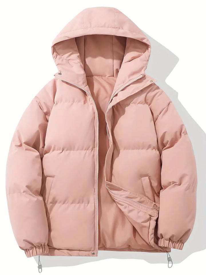 Rosa Daunenjacke mit Kapuze, Wintermantel, warm, modisch, Damenbekleidung, Reißverschluss.