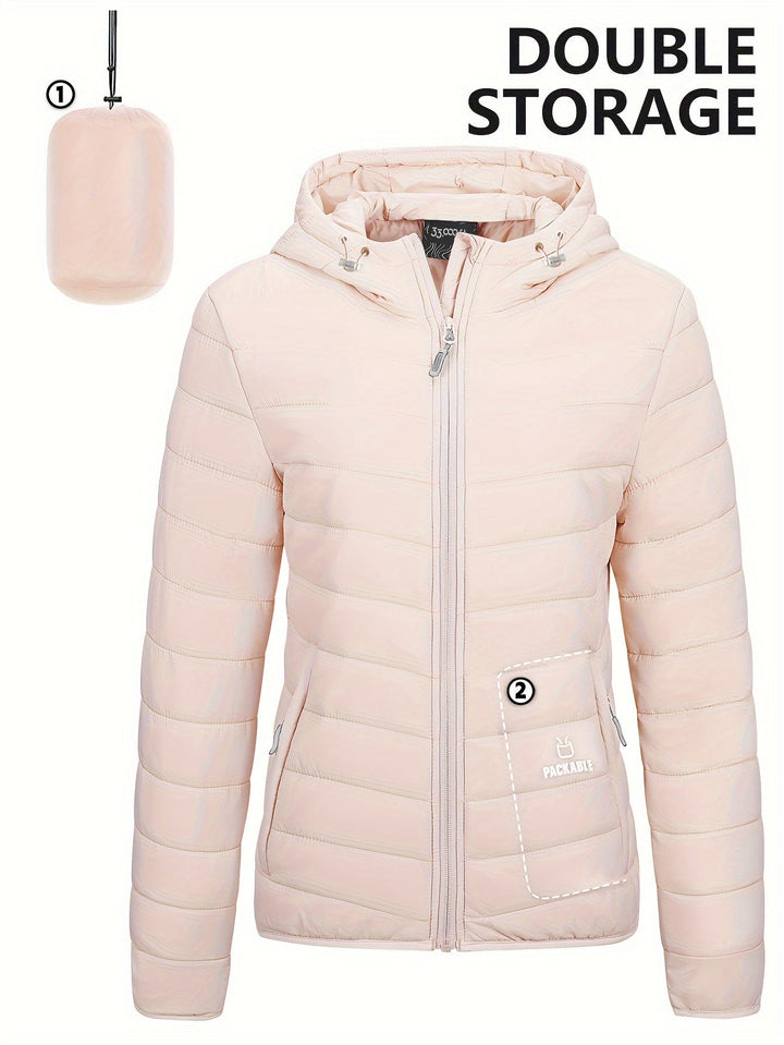 Damen Steppjacke beige, leicht, packbar, mit Kapuze, Reißverschluss, doppelte Aufbewahrung.