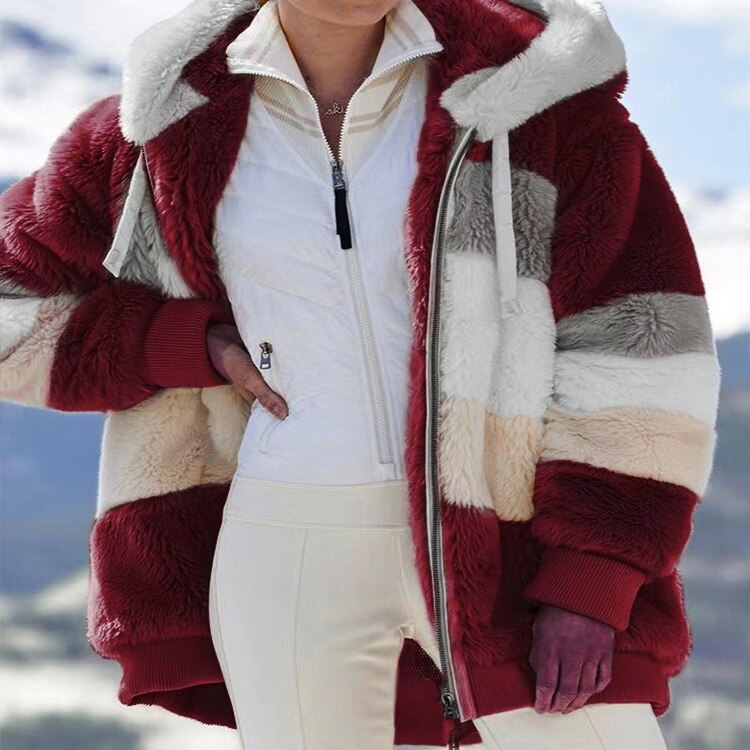 Damen Winterjacke, rot-weiß gestreift, Kunstpelz, Kapuze, warm, modisch, Outdoor-Bekleidung.
