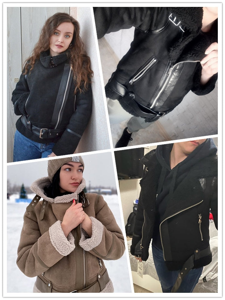 Vier Frauen in stilvollen, schwarzen und braunen Lammfelljacken für den Winter.