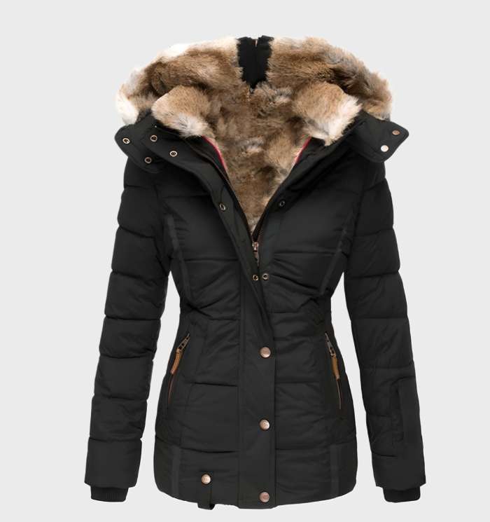 Schwarze Damen-Winterjacke mit Kunstfellkapuze, warm gefüttert, modisch und funktional.