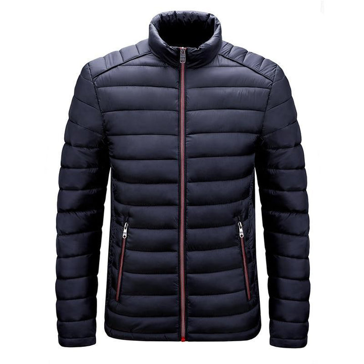 Schwarze Daunenjacke Herren, Stehkragen, Reißverschluss, Wintermode, warm, stilvoll