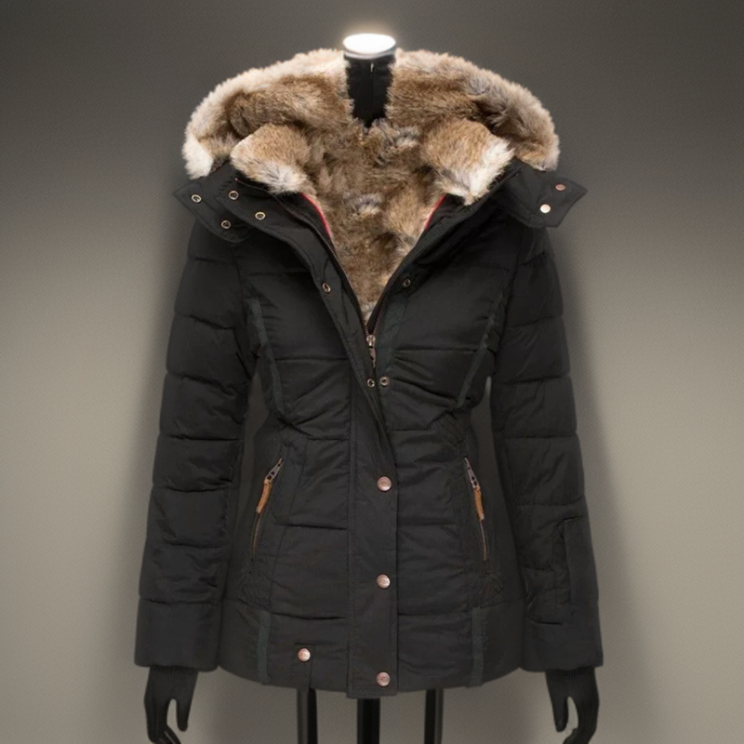 Schwarze Damen-Winterjacke mit Kunstfellkapuze, warm, stilvoll, ideal für kaltes Wetter.