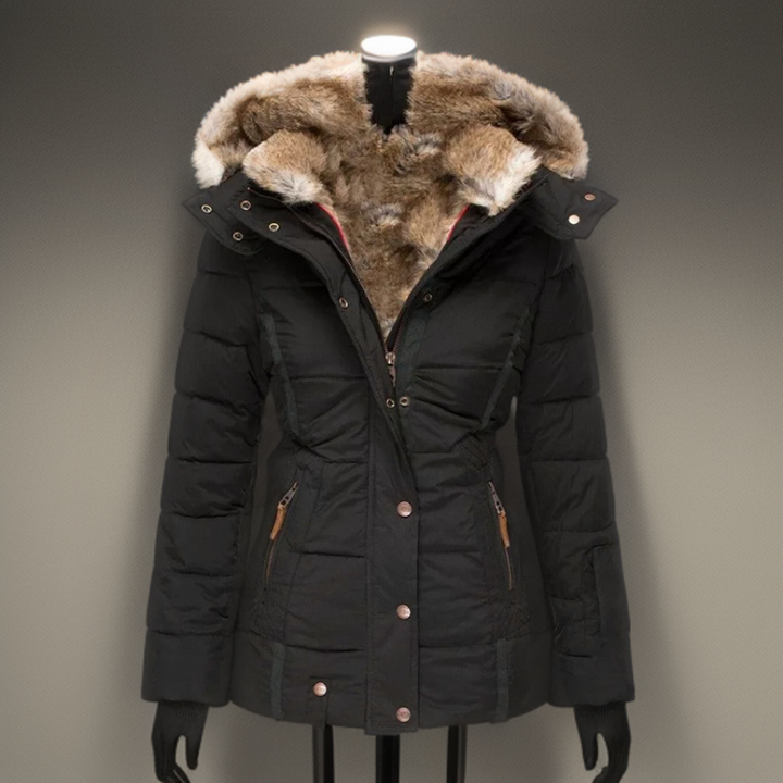 Schwarze Damen-Winterjacke mit Kunstfellkapuze, warm, stilvoll, ideal für kaltes Wetter.