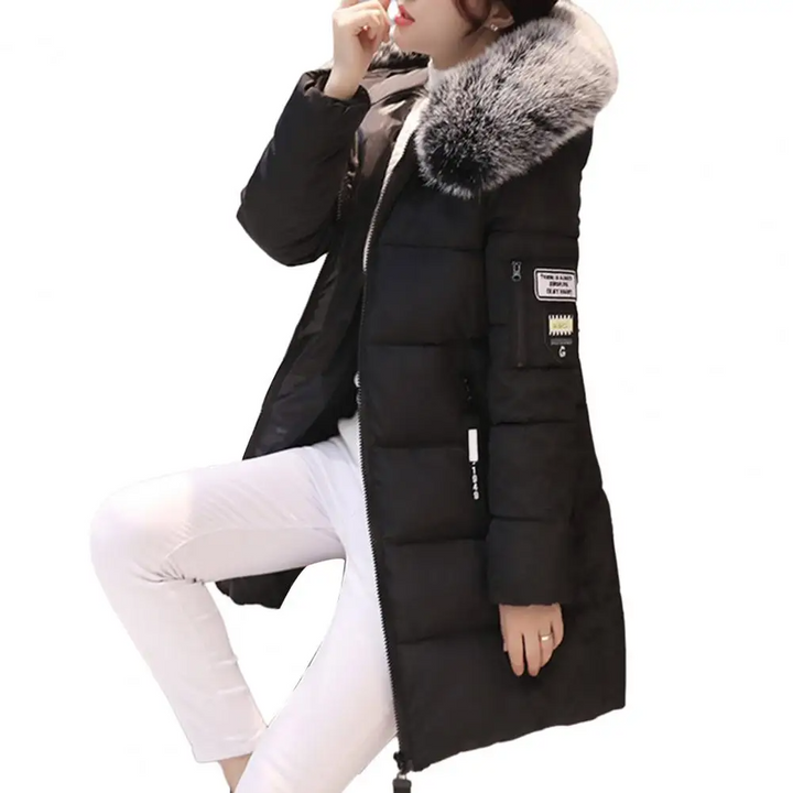 Damen Winterjacke schwarz mit Kunstpelzkragen, warm, modisch, lang, Reißverschluss.