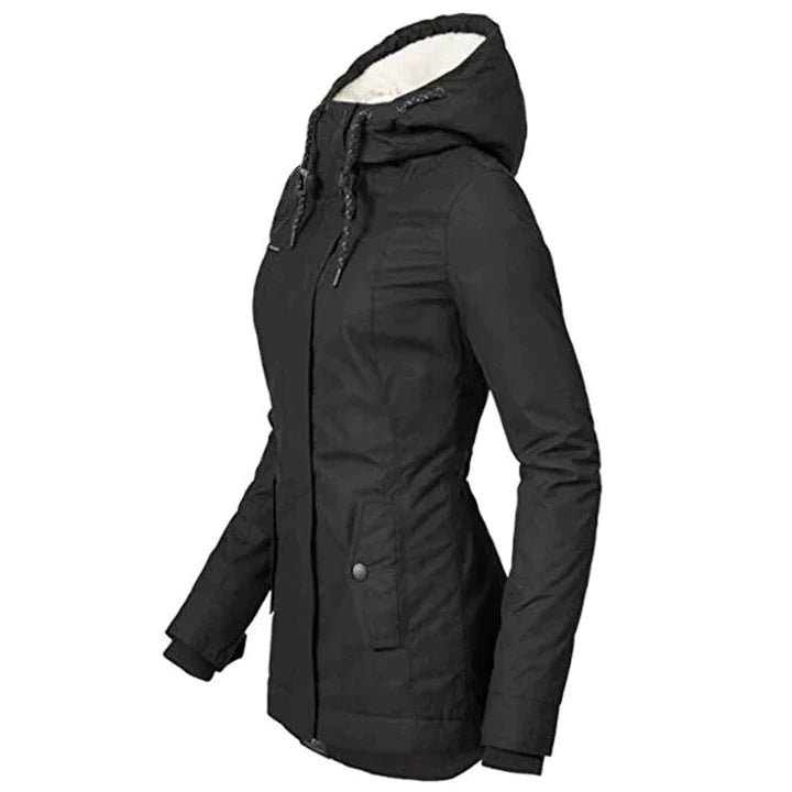 Schwarze Damen-Winterjacke mit Kapuze, warm gefüttert, ideal für kaltes Wetter.