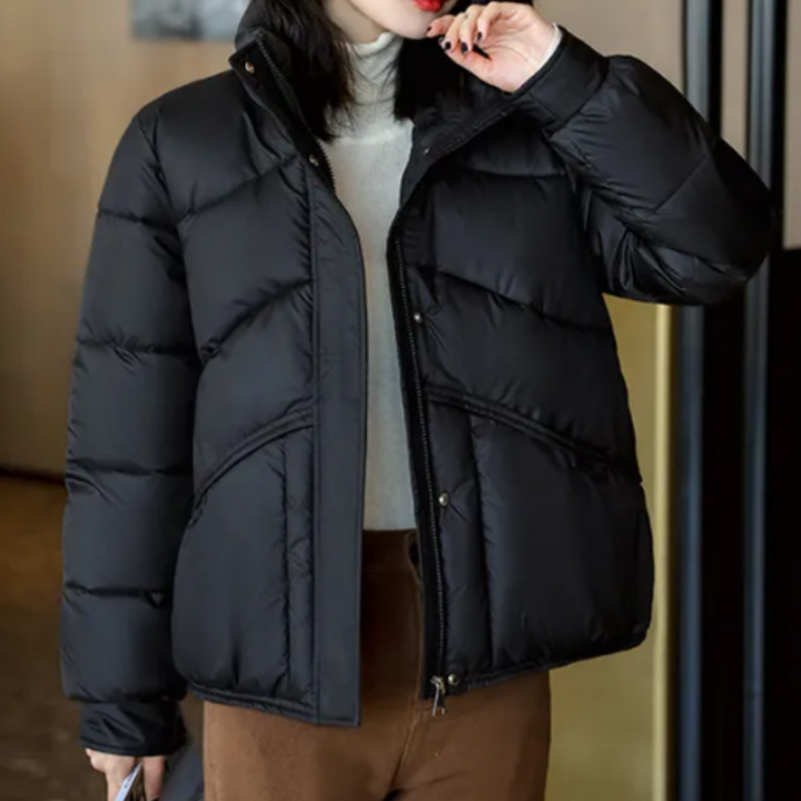 Frau in schwarzer Daunenjacke, Wintermode, warm, stilvoll, Outdoor-Bekleidung, Damenjacke.