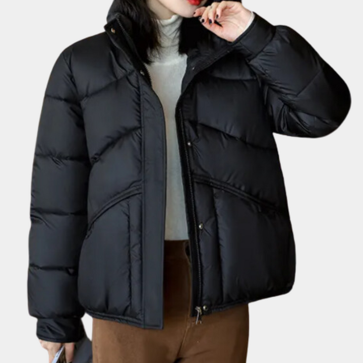 Damen Winterjacke Schwarz, Daunen, warm, modisch, Outdoor, Kapuze, Reißverschluss, elegant.