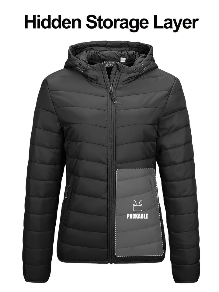 Schwarze Damen-Daunenjacke mit Kapuze, versteckte Tasche, leicht, packbar.