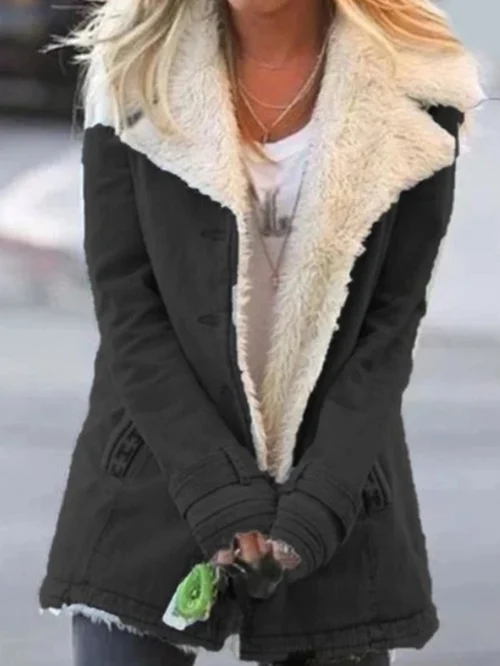 Damen Winterjacke schwarz mit weißem Kunstfellkragen, modisch, warm, elegant.