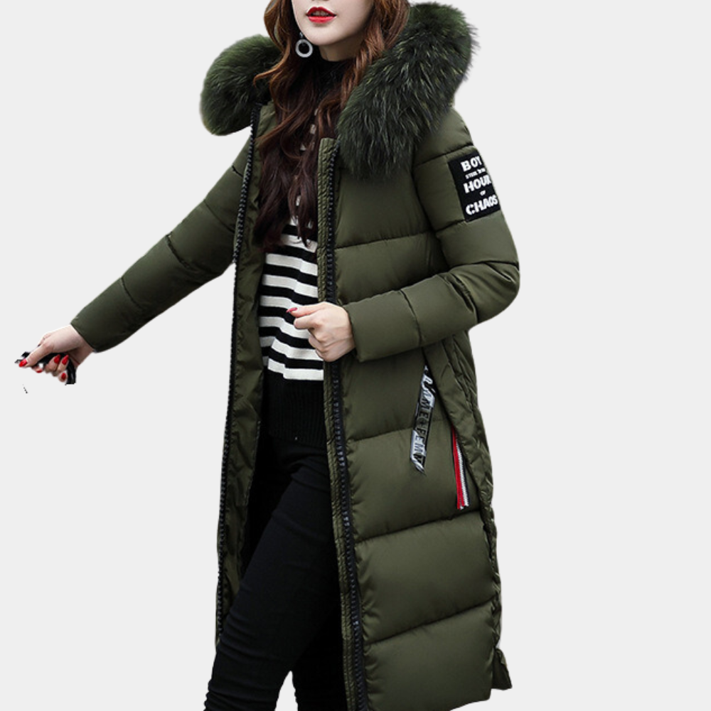 Damen Wintermantel Armeegrün mit Kapuze, Pelzbesatz, gesteppt, warm, modisch, lang.