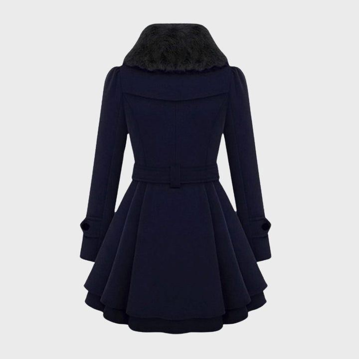 Damen Wintermantel blau, lang, mit Gürtel und Kunstpelzkragen, elegantes Design.