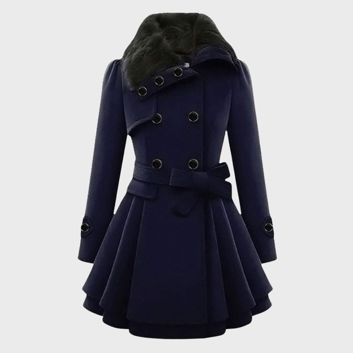 Damen Wintermantel blau, doppelte Knopfleiste, Gürtel, Pelzkragen, elegant, warm.